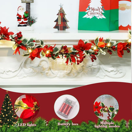 2pcs Christmas Garland with 20 LED Lights-6.5Ft Garland Christmas Decorations Indoor Multiple Mode Poinsettia Holly Per-Lit Christmas Garlands Battery Operated Garland for Mantel Stair Fireplace