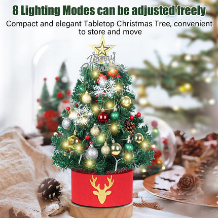 24 Inch/2 ft Small Christmas Tree with Lights LED, Mini Pre-lit Artificial Christmas Tree with Ornaments Topper Collar, Tabletop Battery Operated Xmas Pine Tree for Indoor DIY Decor
