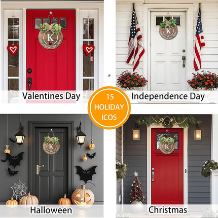 Initial Interchangeable Seasonal Welcome Sign for Front Door Last Name Letter K Front Door Wreath Rustic Home Decor with 15 Changeable Icons for All Seasons Holiday Fall Halloween Christmas Decor