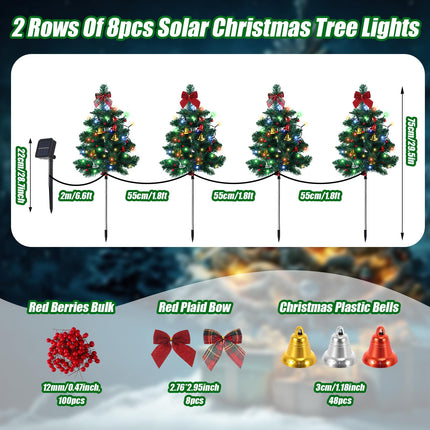 Libima 8 Pcs Solar Powered Christmas Tree Stake Lights Outdoor Decorations Waterproof with Bow Tie Red Berries Bells for Xmas Patio Yard Garden Pathway Cemetery Grave, Constant and Flashing Modes