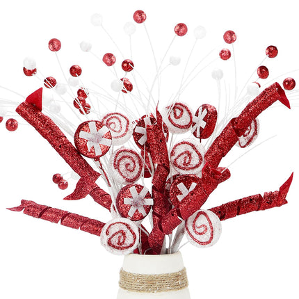 3Pcs Red and White Candy Picks Christmas Tree Decorations, 17.5" Spiral Curly Stems for Xmas Tree Topper Vase Filler Branches Holiday Home Office Party Decorations (Red White)
