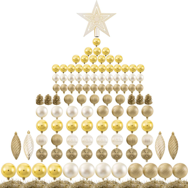 Ogrmar 119ct Christmas Tree Ball Ornaments Set Assorted Shapes and Sizes Shatterproof Hanging Decoration with Hand-held Package for Christmas Tree Holiday Wedding Party (Golden)