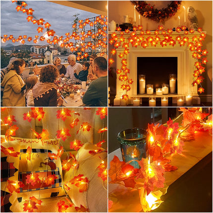 5 Pack Thanksgiving Decor Enlarged Maple Leafed Fall Garland with Lights, 50 Ft/100 LED Thanksgiving Garland Thanksgiving Lights Waterproof Battery Operated Fall Autumn Harvest Outdoor Indoor Home