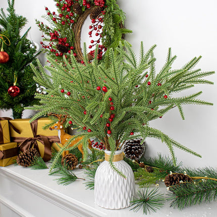 20 PCS Christmas Branches 17 Inch Artificial Christmas Tree Picks with Red Berries Norfolk Pine Branches for Xmas Tree Floral Arrangements Centerpieces Christmas DIY Crafts