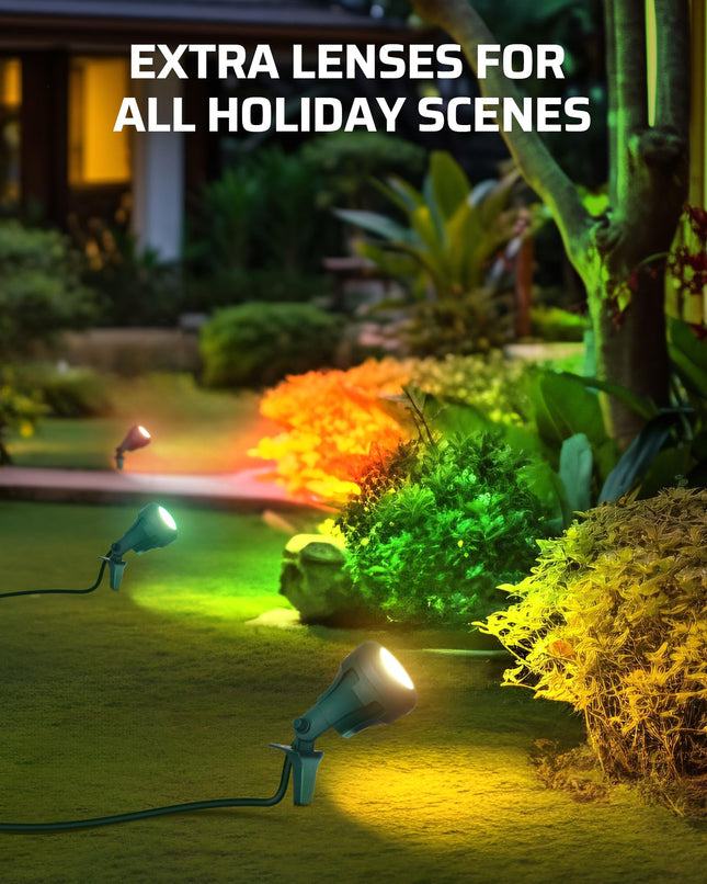 DEWENWILS Christmas Spotlight Outdoor, 400LM Waterproof LED Spot Light with 3 Extra Lenses (Red Yellow Green), 120V Landscape Lighting for Holiday, Trees, 5FT Extension Cord, UL Listed