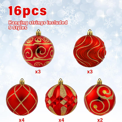 3.15" Christmas Ball Ornaments Set, 16pc Red Xmas Tree Ornaments Decoration, Shatterproof Large Decorative Hanging Balls with Loop for Christmas Party Holiday Wreath Garland Home Decor