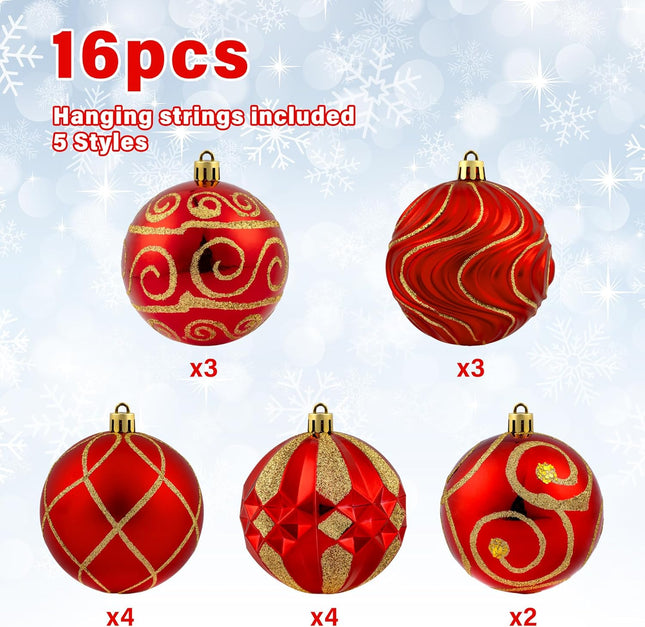 3.15" Christmas Ball Ornaments Set, 16pc Red Xmas Tree Ornaments Decoration, Shatterproof Large Decorative Hanging Balls with Loop for Christmas Party Holiday Wreath Garland Home Decor