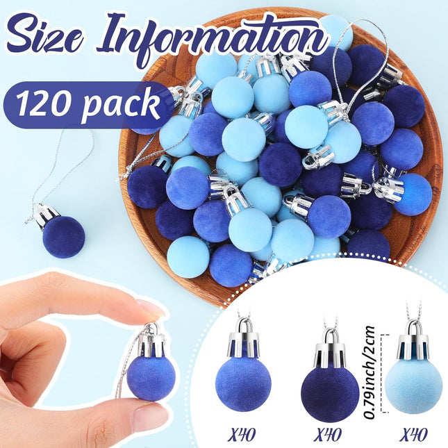 120 Pcs Mini Christmas Velvet Balls Ornaments Bulk 0.79"/20 mm Miniature Flocked Velvet Christmas Ornament Mini Christmas Tree Ball Small Bulbs for Holiday Hanging Decor(Blue)