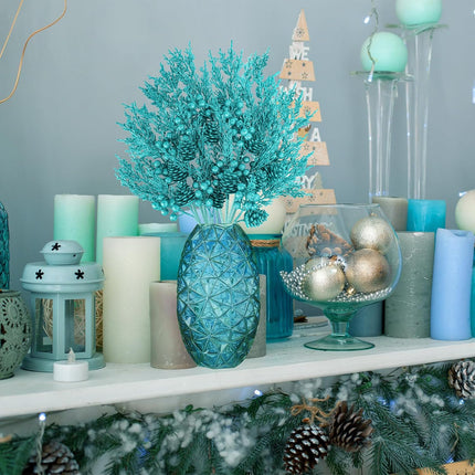 Winlyn 12 Pcs Christmas Artificial Pine Branches Teal Glitter Pine Needles with Pinecone and Berries Christmas Floral Picks 14.2" for Teal Christmas Tree Seasonal Wreath Swag Holiday Arrangement