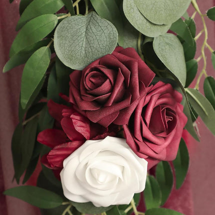 Floroom 6ft Artificial Eucalyptus Garland with Flowers Fake Greenery Faux Floral Vine Garland for Table Decor Wedding Centerpieces Bridal Shower Party Decorations, Burgundy & White