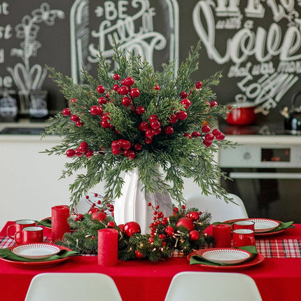 CIEOVO 60 Pcs Christmas Artificial Pine Branches with Red Berry Stems, Faux Evergreen Norfolk Pine Cypress Leaves Stems- Fake Foliage Pine Needles Picks for DIY Wreath Xmas Garlands Home Decoration
