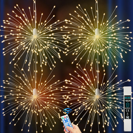 Firework Lights Outdoor 120 LED String Lights with Remote, 8 Modes, Timer USB Rechargeable Battery Powered Smart Night Light for Christmas Tree Birthday Party Decorations Indoor Bedroom, 4 Pack