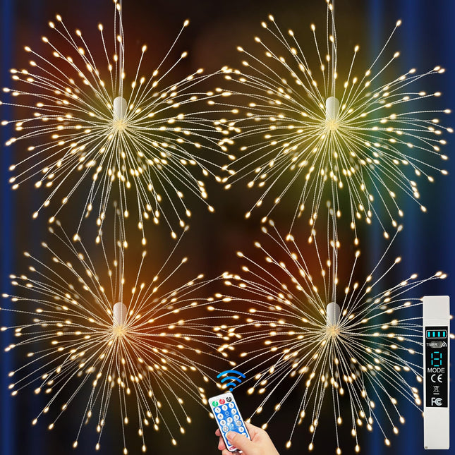 Firework Lights Outdoor 120 LED String Lights with Remote, 8 Modes, Timer USB Rechargeable Battery Powered Smart Night Light for Christmas Tree Birthday Party Decorations Indoor Bedroom, 4 Pack
