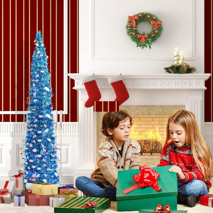 5ft Blue Snowman Christmas Tree, Collapsible Tinsel Artificial Pencil Small Christmas Tree with Lights Decorations for Home Apartment Party Indoor Outdoor Christmas Decorations