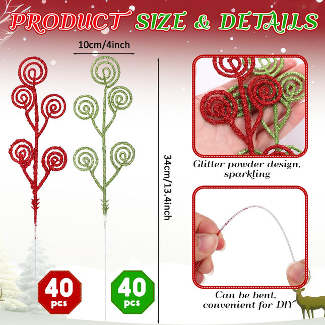 Zeyune 80 Pcs Christmas Candy Shape Curly Sticks Glitter Stem Ornaments Decorative Christmas Tree Picks Artificial Christmas Glittery Twigs for Wedding Holiday Party Home Decorations (Red Green)