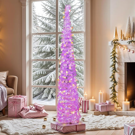 OurWarm 5 FT Purple Pop Up Christmas Tree with 60 LED Lights, Tinsel Collapsible Christmas Tree with Sequins, Prelit Artificial Pencil Xmas Tree for Home Room Indoor Outdoor Holiday Party Decoration