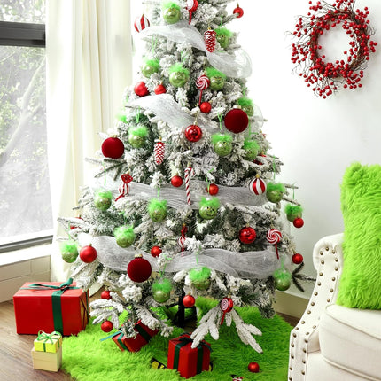 Green Christmas Decorations Indoor: 24pcs Cute Christmas Thief Tree Ornaments with Fluffy Green Hair, Funny Hanging Xmas Balls for Tree Mantel, Kids Home School Office Party Décor