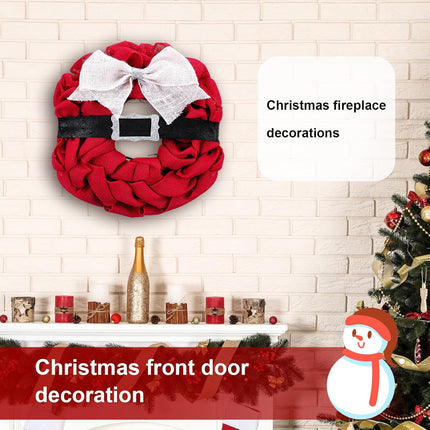 Riceshoot Santa Wreath 15.7 Inch Christmas Front Door Wreath Decoration Red Burlap Wreath Black Belt Silver Buckle Holiday Wreath for Christmas Indoor Outdoor Home Office Wall Wedding Holiday Party