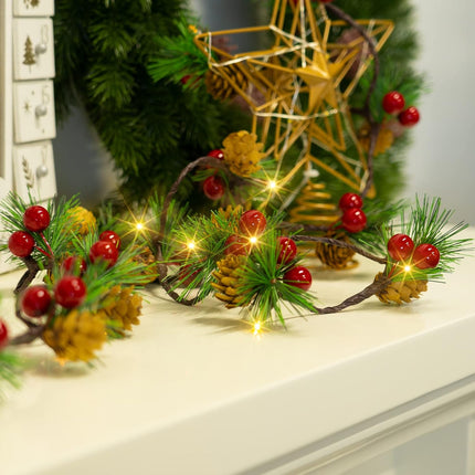 Dazzle Bright 2 Pack Pine Cone Christmas String Lights, Total 13FT 40LED Battery Operated Christmas Garland with Red Berry Pine Cone Fairy String Lights for Indoor Outdoor Xmas Decorations