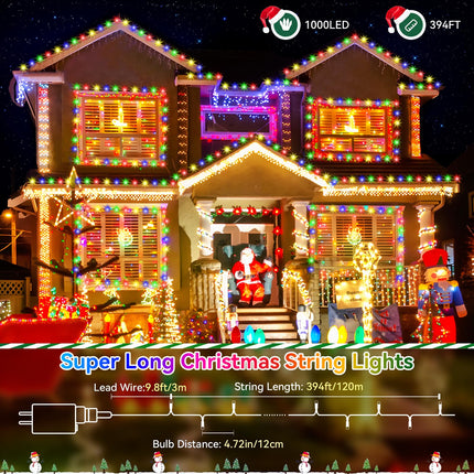 Heceltt Christmas Lights Outdoor, 394FT 1000LED Christmas Lights with 8 Modes and Timer Memory Function Christmas String Lights Waterproof Plug in for Xmas Tree Wedding Party Holiday Decor