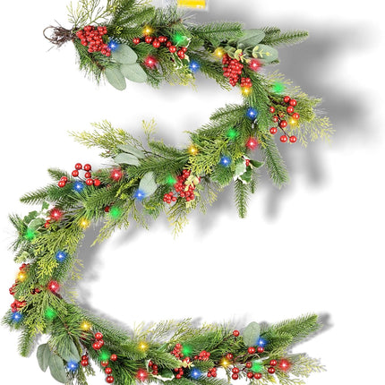 6FT Artificial Christmas Wreath with LED String Lights, Battery Operated, Berry/Eucalyptus Leaf/Pine Needle Green Wreath for Mantel Holiday Decorations Glow in The Dark Christmas Garland