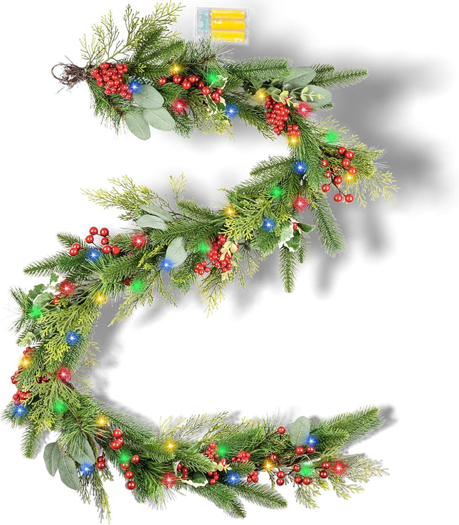 6FT Artificial Christmas Wreath with LED String Lights, Battery Operated, Berry/Eucalyptus Leaf/Pine Needle Green Wreath for Mantel Holiday Decorations Glow in The Dark Christmas Garland
