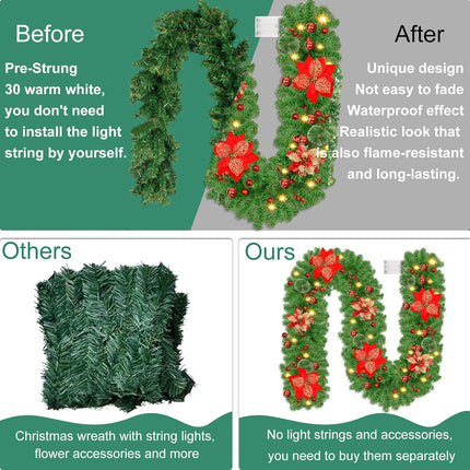 9FT Prelit Artificial Christmas Garland with Lights: Greenery Garland Decoration with 30 Warm LED Lights - Xmas Garland for Office Fireplace Mantle - Christmas's Day Indoor Outdoor Holiday Decor