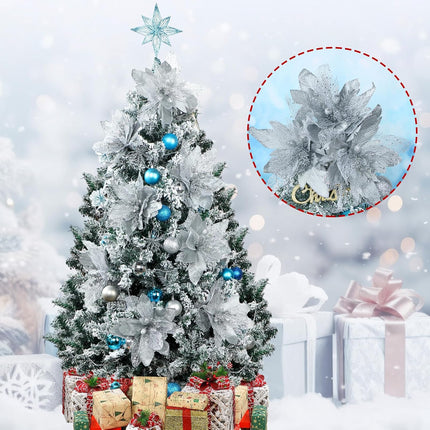 Riceshoot Poinsettia Flower Artificial Poinsettia with Clips Christmas Decor Glitter Poinsettia Christmas Ornaments Christmas Tree Flower Decoration with Stem Xmas Wreath Holiday Home Decor(Silver)