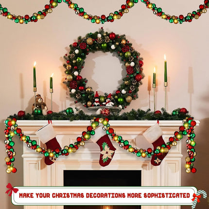 Hiboom 2 Pcs 12 Feet LED Christmas Garland Balls Ornaments Xmas Hanging Bulb Ball Garland with Lights Xmas Tree Balls Decor for Christmas Tree Fireplace Party Holiday Decor (Red, Green, Gold)