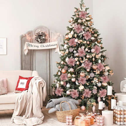 Waipfaru 24 Pcs Christmas Tree Decorations, Rose Gold Poinsettias Artificial Christmas Flowers, Pink Glitter Christmas Ornaments Picks for Christmas Tree Xmas Winter Wreath Garland Decor