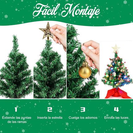 20" Tabletop Mini Christmas Tree, Artificial Small Xmas Tree Decor with 50 LED String Lights,Star, Holly Berries, Ornaments and Wooden Base for Holiday Season Decorations Christmas DIY