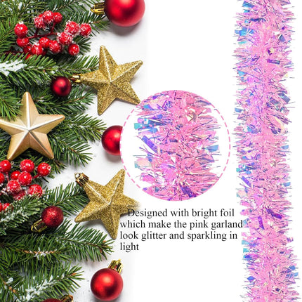 33FT Pink Christmas Tinsel Garland Metallic Tinsel Twist Garland Glitter Foil Garland for Xmas Tree Decoration Wedding Party Supplies