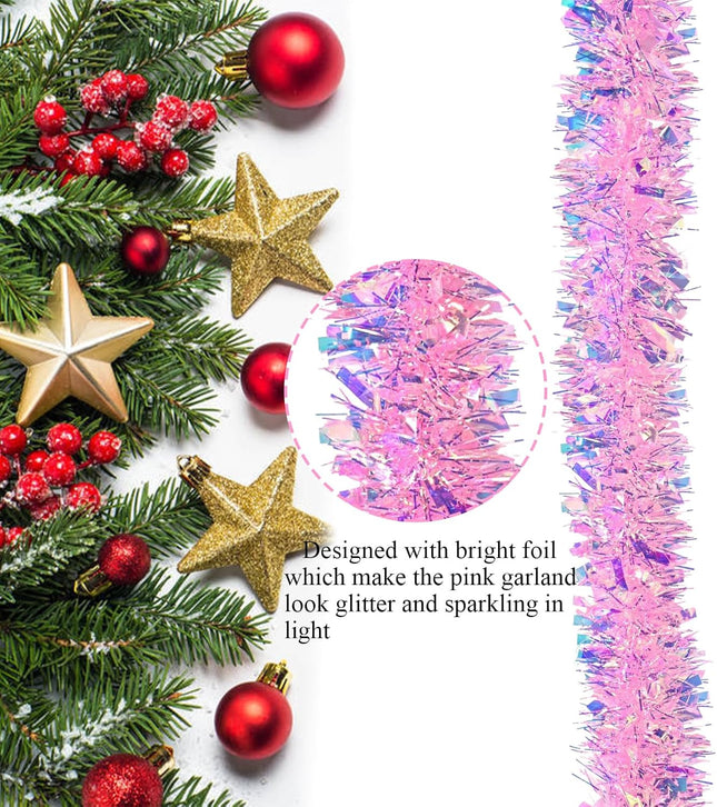 33FT Pink Christmas Tinsel Garland Metallic Tinsel Twist Garland Glitter Foil Garland for Xmas Tree Decoration Wedding Party Supplies