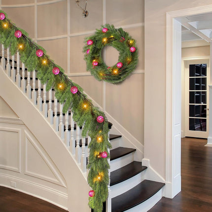 Ceenna 6.2FT Pre Lit Christmas Cedar Garland with Lights Artificial Pine Garland Christmas Decorations with Ball Ornaments,8 Modes Timer Battery Operated for Outdoor Indoor(Rose Red)