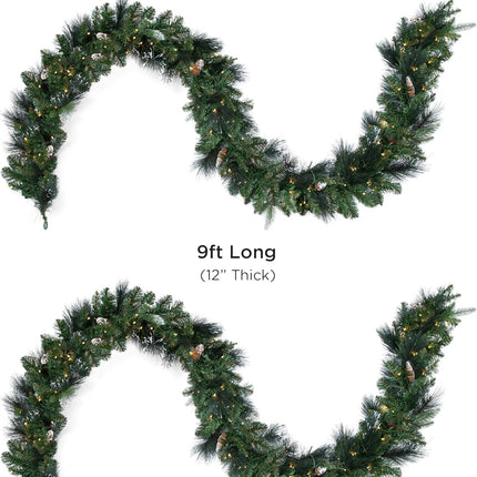 Papyrus 2 Pack of 9 ft Pre-Lit Frosted Carolina Pine Garland, Artificial, Pine Cones, Warm White Light, Battery Powered, Indoor/Outdoor