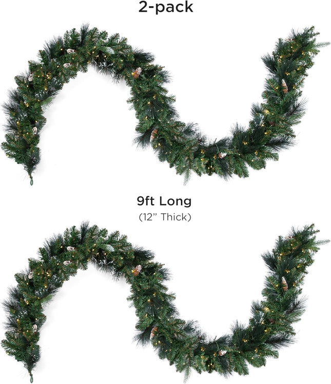 Papyrus 2 Pack of 9 ft Pre-Lit Frosted Carolina Pine Garland, Artificial, Pine Cones, Warm White Light, Battery Powered, Indoor/Outdoor