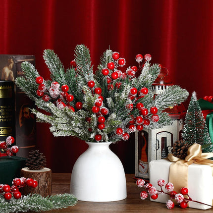 Lyrow 80 Pieces Christmas Snowy Pine Tree Picks Artificial Berry Stems Sprays Faux Cedar Pine Needles Branches for Holiday Arrangement Wreath DIY Garland Holiday Decor Winter Greenery (Red)