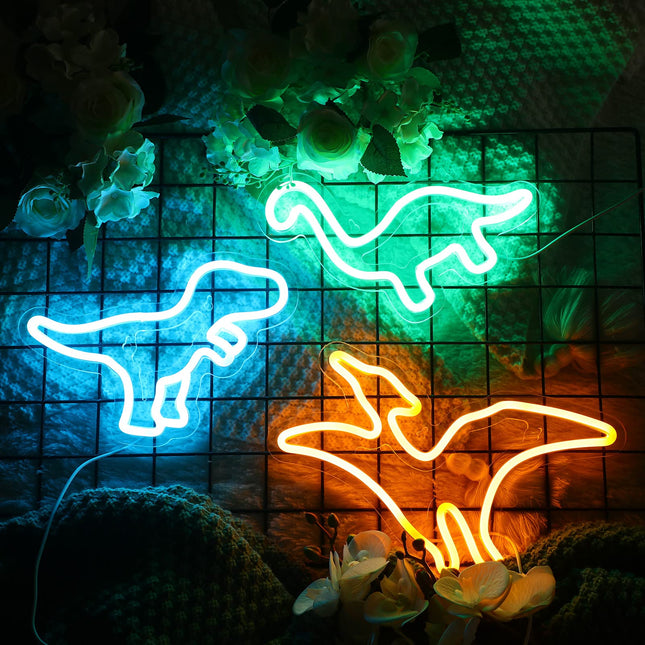 3 Pcs Christmas Dinosaur Neon Signs for Boys Room Dinosaur Shaped Neon Light USB Powered Light up Hanging Dinosaur Decor Wall Neon Signs with 6 Hooks for Room Party Bar Decorations 3 Colors