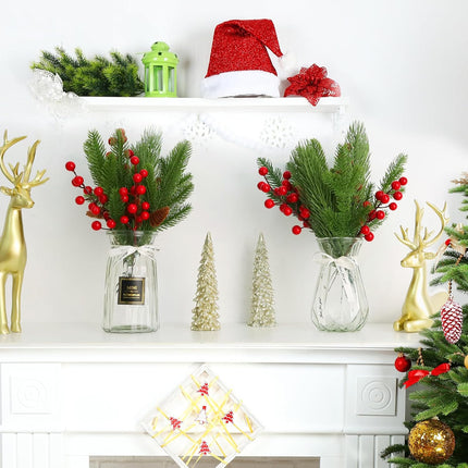 70 Pcs Christmas Artificial Pine Branches and Red Holly Berries,Christmas Faux Greenery Picks Fake Cedar Pine Needles for DIY Wreath Garland Home Decoration