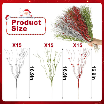 45 Pcs Christmas Glitter Berry Stems 16.9 Inch Artificial Curly Berry Stems Decorative Glittery Twigs Sticks Branches Ornaments for Xmas Tree Vase DIY Wreath Crafts Home Decor (Red, Green, Silver)