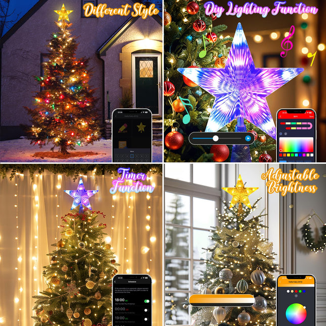 7" Christmas Star Tree Topper Lighted, Smart App & Remote Control RGB Color Changing Star Tree Topper with DIY, Scene Mode, Sync with Music, Timer for Xmas Tree Decor, USB Plug in/Wire 16.4Ft