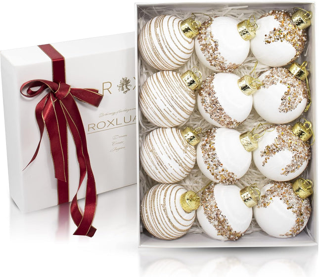 12Pcs 4” Silk Christmas Ball Decorations, Satin Christmas Tree Ornaments, Luxury Vintage Hanging Christmas Home Decor for Xmas Holiday Wedding Party Decoration (White)