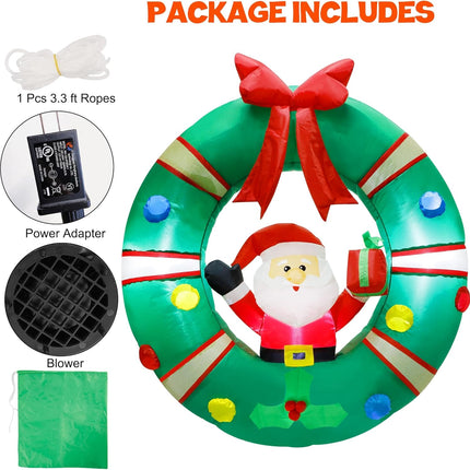 ATDAWN 3ft Christmas Inflatables Blow Up Yard Decorations, Inflatable Santa Claus Sitting on Christmas Wreath Outdoor Decoration, Blow Up Hanging Christmas Wreath for Christmas Yard Garden Decorations