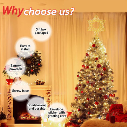 11 Inch Christmas Tree Star Topper 3AA Battery Powered Christmas Tree Topper Lighted, Gold Iron Christmas Tree Star Topper with 20LED Lights, for Christmas, Party & Home(Warm Light)