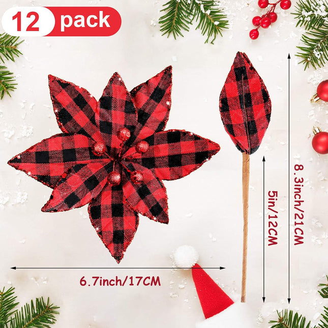 Syhood 12 Pieces Buffalo Plaid Poinsettias Christmas Tree Ornaments Artificial Christmas Flowers with Glitter Powder for Christmas Tree Wreaths Garland Holiday Decorations 6.7 Inch (Red and Black)