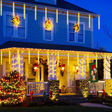 JMEXSUSS 2 Pack Warm White Christmas Lights Outdoor, Each 8 Tube 192 LED Meteor Shower Rain Lights, Waterproof Plug in Icicle Lights for Outside Tree Wedding Holiday Party Patio Decoration