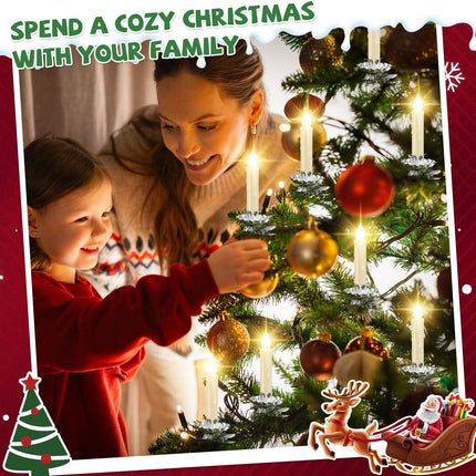 60 Pcs LED Christmas Tree Candles Set 30 Christmas LED Taper Flameless Candles with Remote Timer and 30 Christmas Tree Candle Holder Clip Flower Shape Candles Clips for Christmas Tree (Silver)