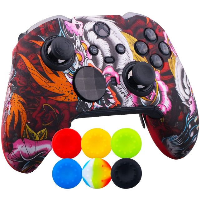 1 x Protective Customize Transfer Print Silicone Cover Skin Red Dragon + 6 Thumb Grips Analog Caps for Xbox Elite Series 2 Controller