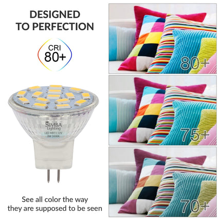 Simba Lighting LED MR11 Flood Light Bulbs (10 Pack) 12V 3W 20W Halogen Replacement 2-Pin 240lm for Landscape, Accent, Track Lights, and Christmas Tree Fiber Optics, GU4 Bi-Pin Base, 5000K Daylight