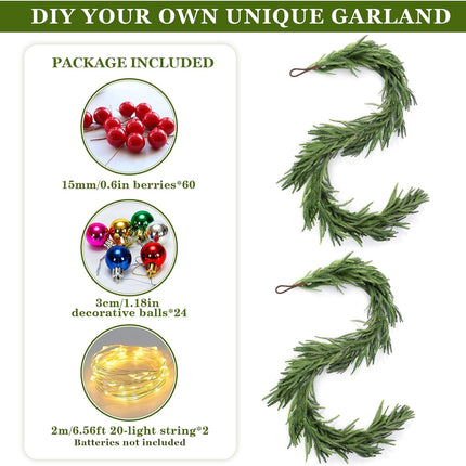2 Pcs Artificial Norfolk Pine Garlands, Real Touch Winter Pine Garland with Berries, Decorative Balls and LED Light, for Table, Mantle, Wall, Indoor, Outdoor Christmas Decorations (2, 6 FT)